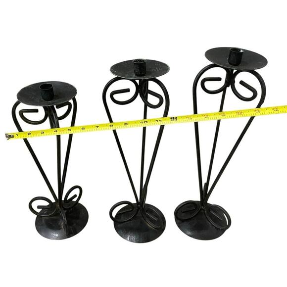 VINTAGE FRENCH COUNTRY PILAR CANDLE STICK DECOR SET OF 3 IRON BOHO GRUNGE - Picture 3 of 12